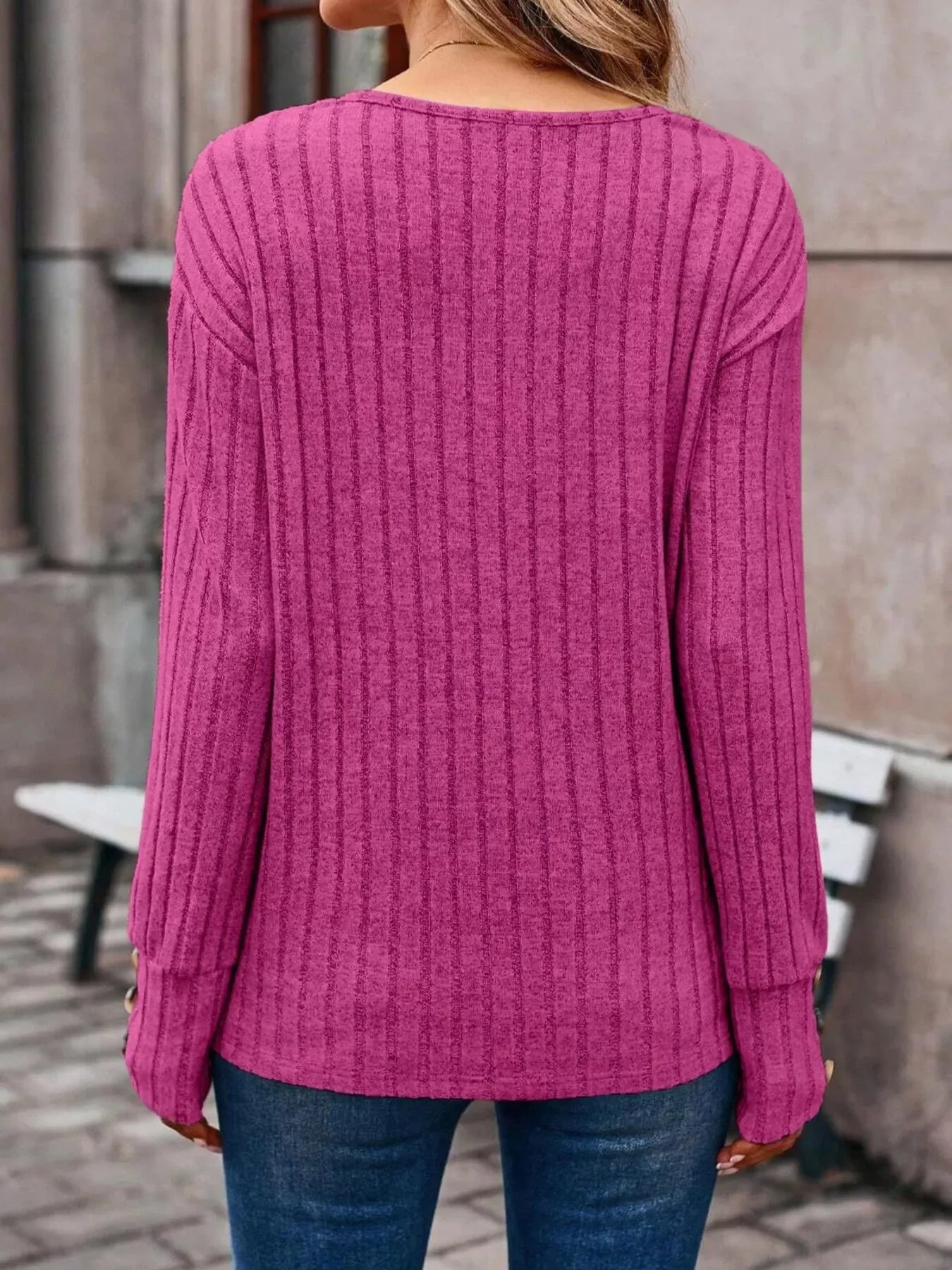 Ribbed V-Neck Long Sleeve Buttoned Stretchy Top - Southern Shores Clothing