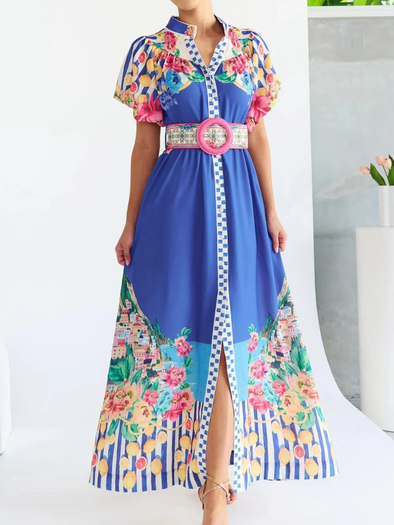 Printed Button Front Puff Sleeve Maxi Dress - Southern Shores Clothing