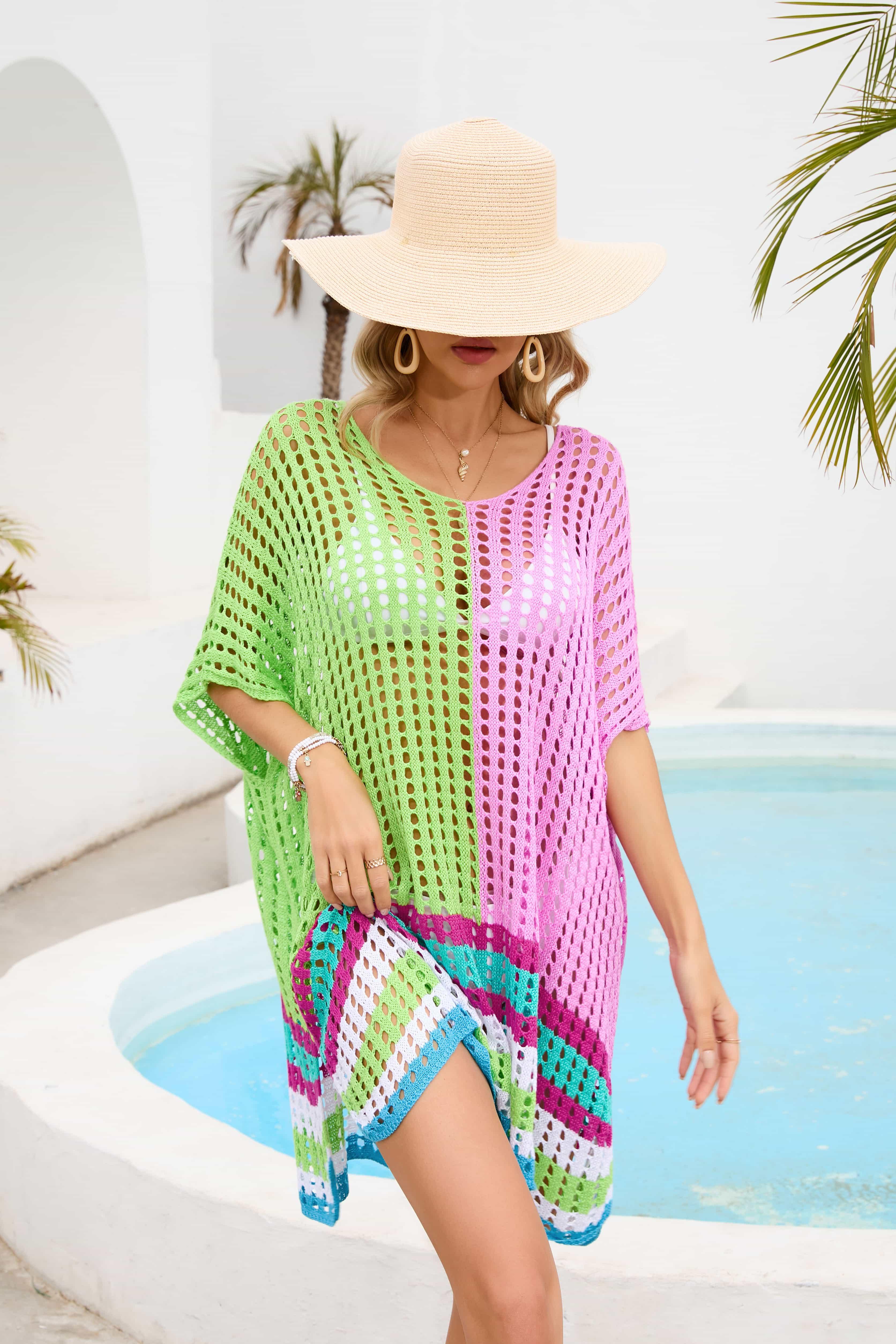 One Size Contrast Openwork Scoop Neck Swim Cover Up - Southern Shores Clothing