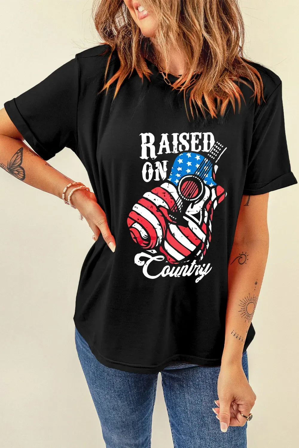 Raised On Country Graphic Round Neck Tee Polyester Blend - Southern Shores Clothing