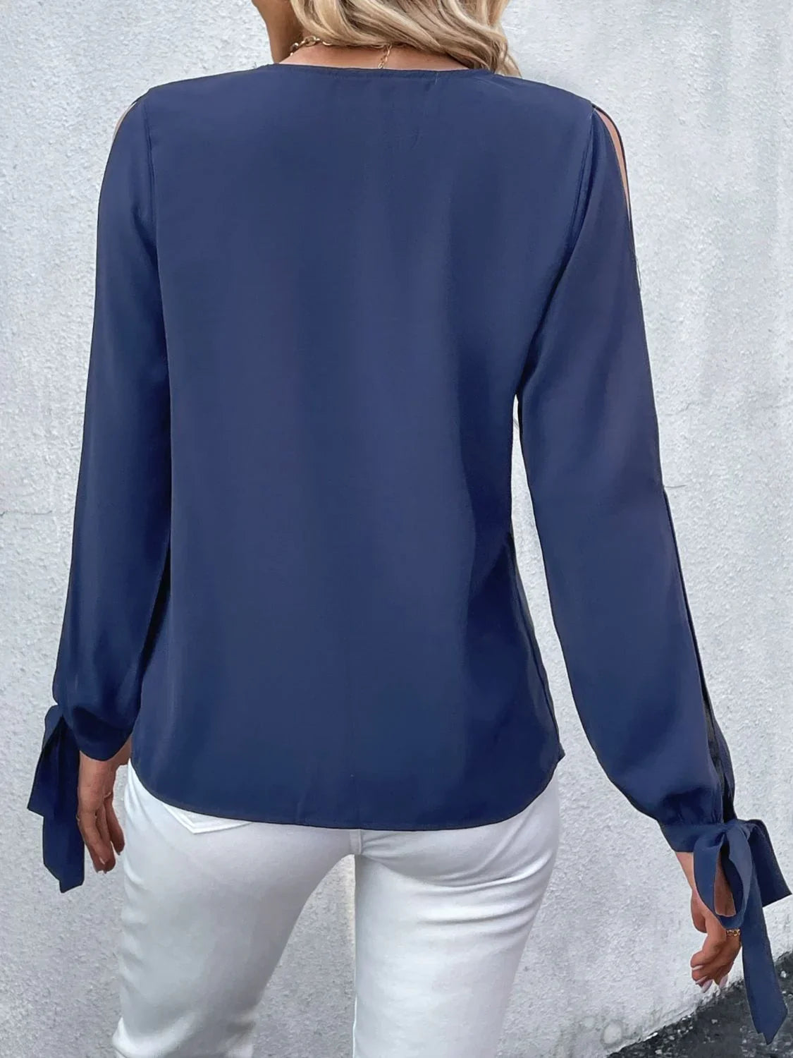 V Neck Tie Cuff Slit Solid Long Sleeve Blouse Chic - Southern Shores Clothing