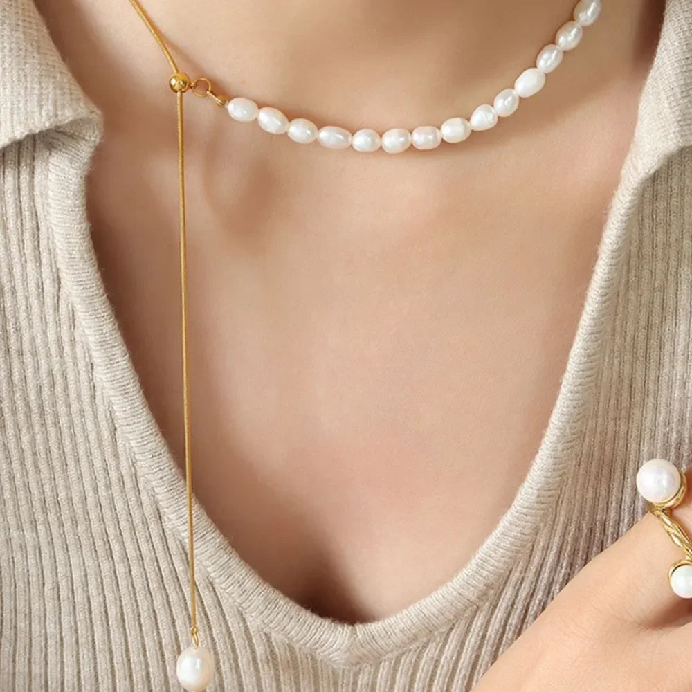 18K Gold-Plated Freshwater Pearl Necklace Adjustable Chain - Southern Shores Clothing