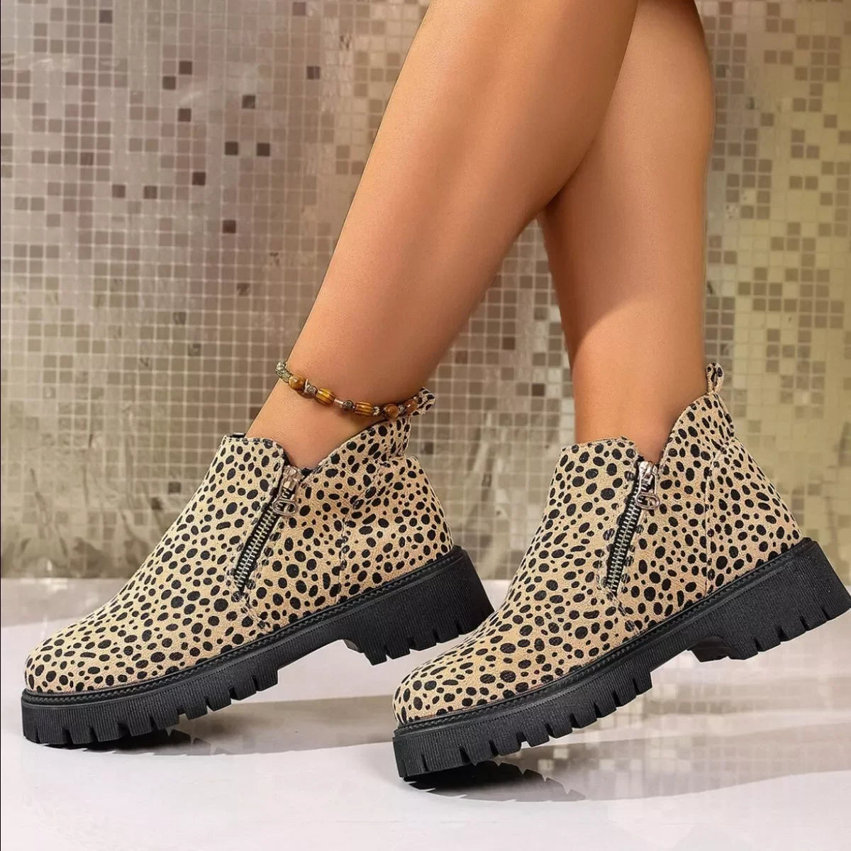 Leopard Platform Boots With Side Zip Mid Heel - Southern Shores Clothing