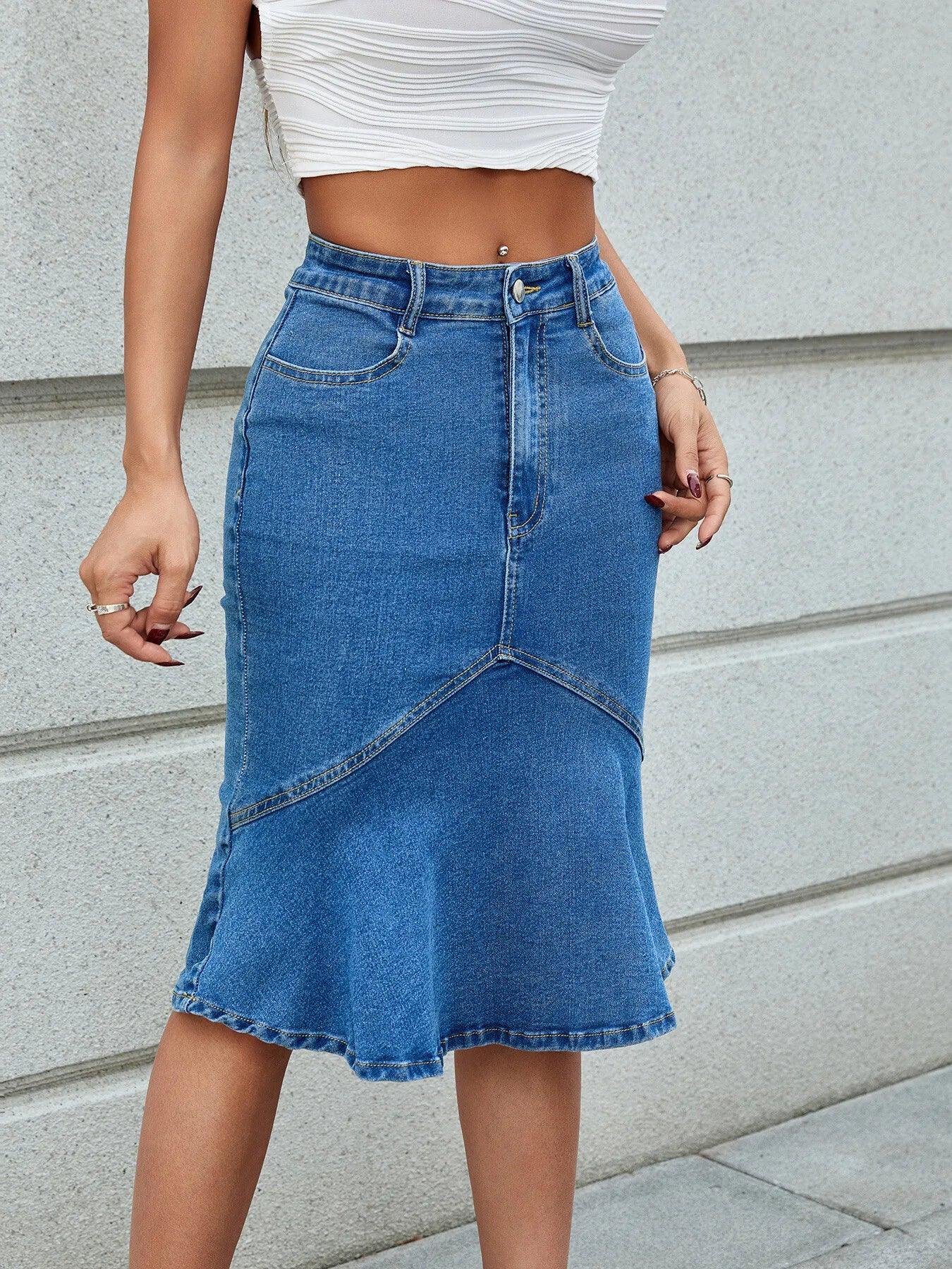 Nautical High Waist Mermaid Hem Denim Skirt - Southern Shores Clothing