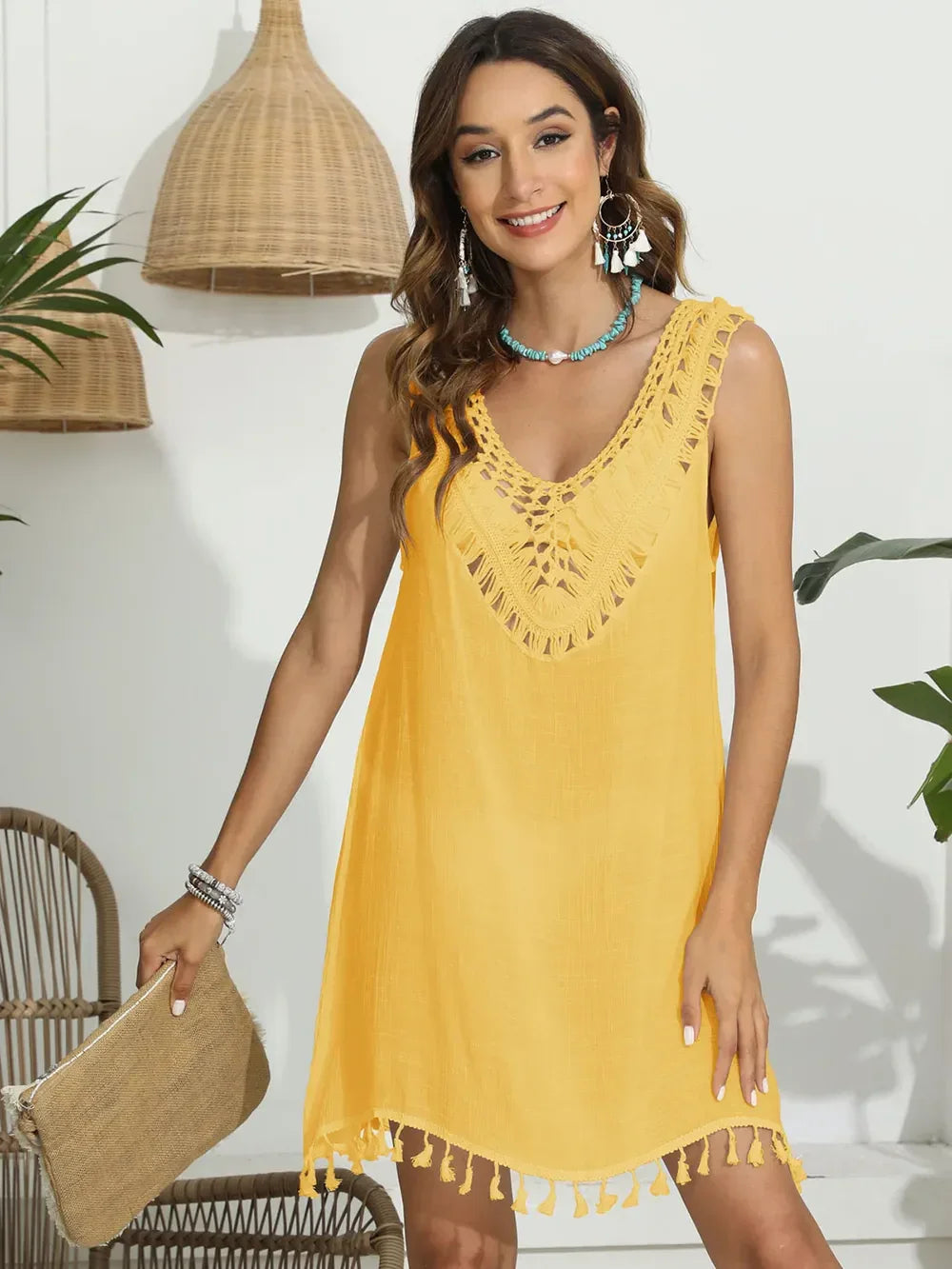 Tassel Cutout Scoop Neck Wide Strap Cover Up One Size - Southern Shores Clothing