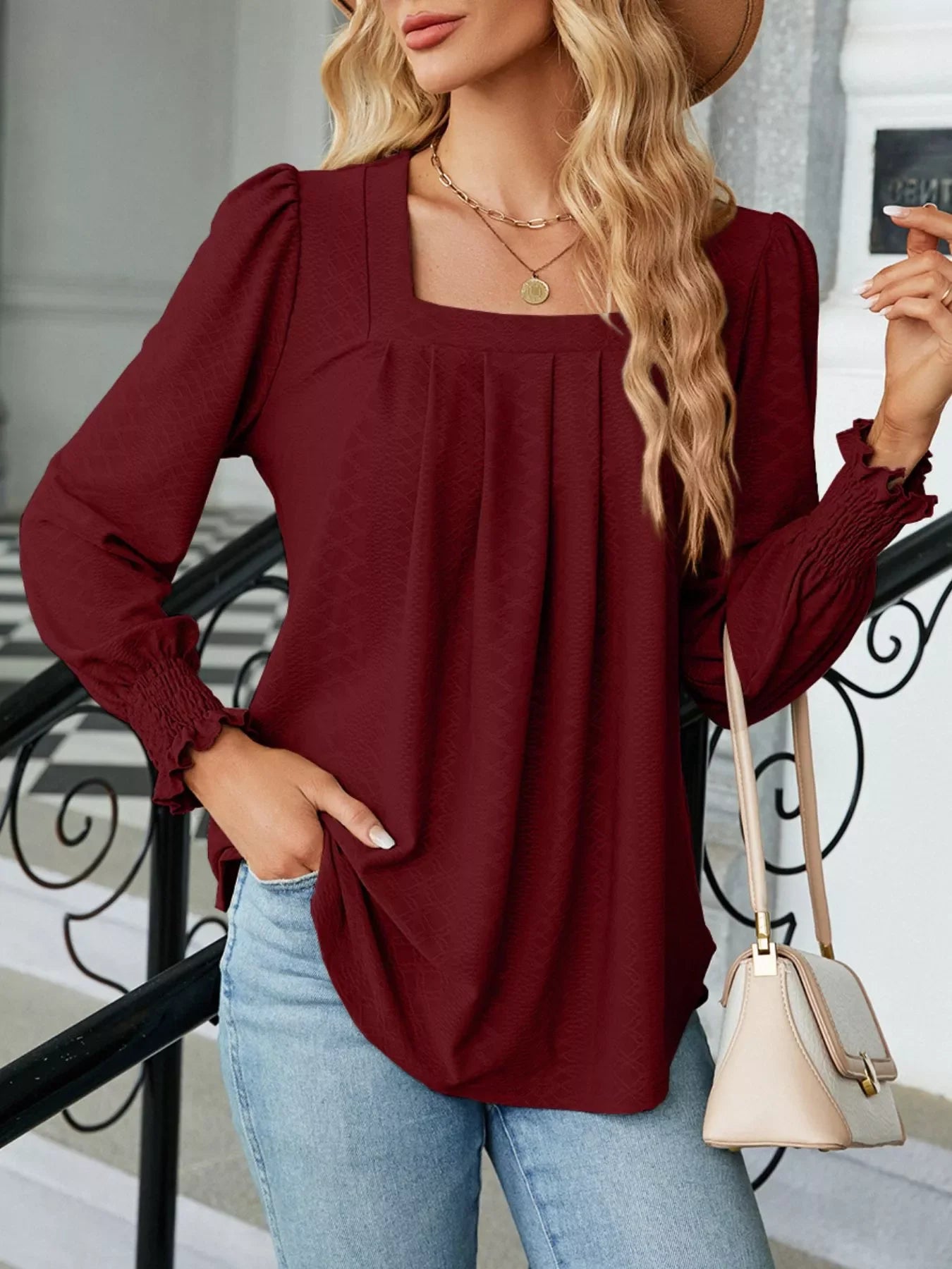 Pleated Square Neck Long Sleeve Top - Southern Shores Clothing