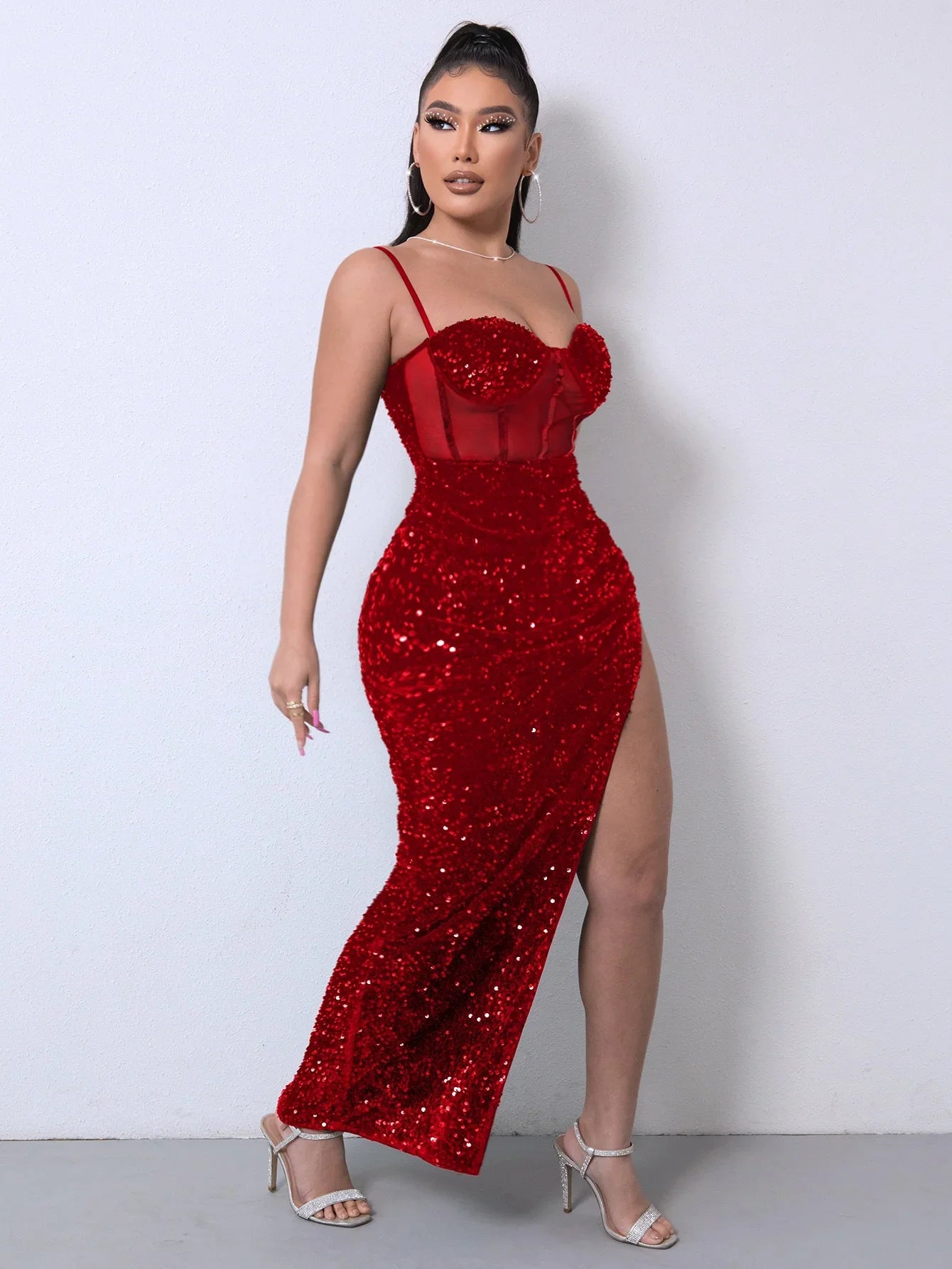Sequin Spliced Mesh Adjustable Strap Dress - Southern Shores Clothing