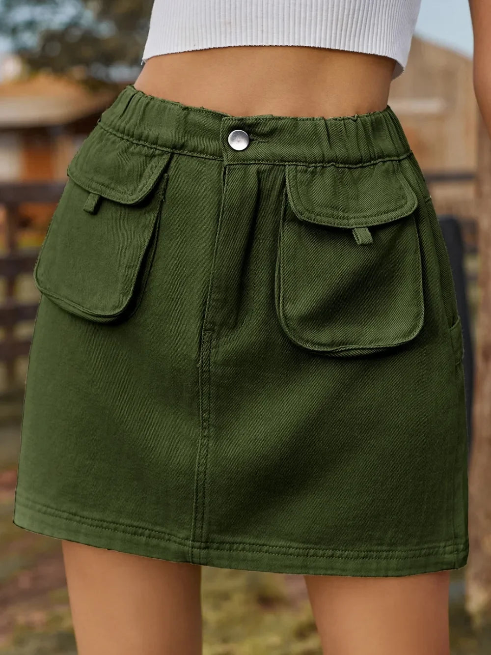 Pocketed Denim Skirt With Elastic Waist Casual - Southern Shores Clothing