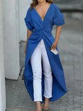 Elegant Twisted High-Low Short Sleeve Blouse Polyester Blend - Southern Shores Clothing
