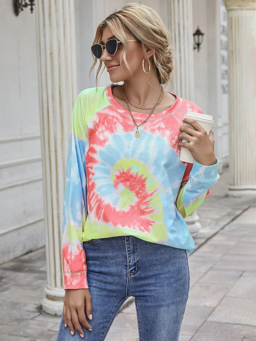 Printed Round Neck Raglan Long Sleeve Shirt - Southern Shores Clothing