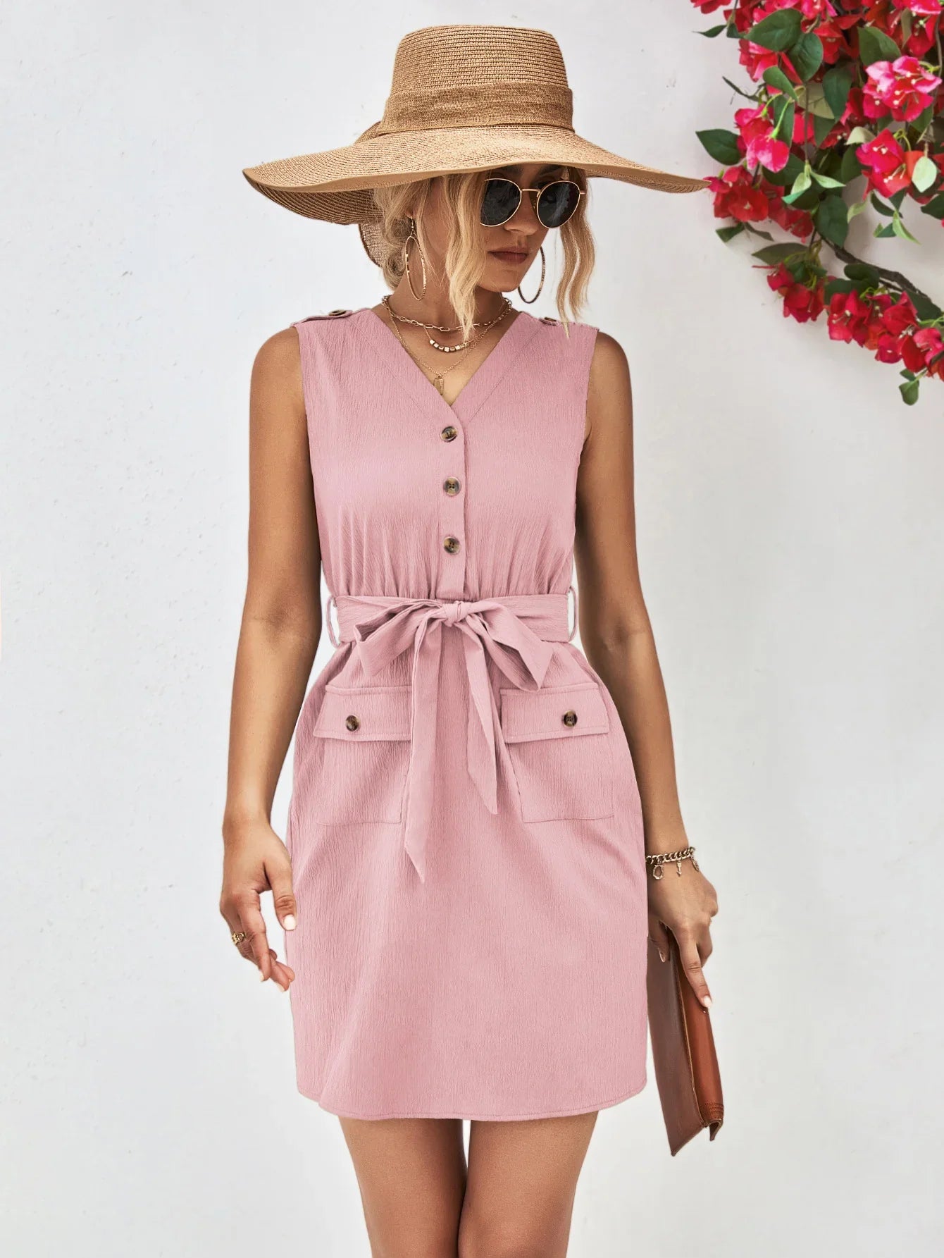 Buttoned V-Neck Belted Sleeveless Dress - Southern Shores Clothing