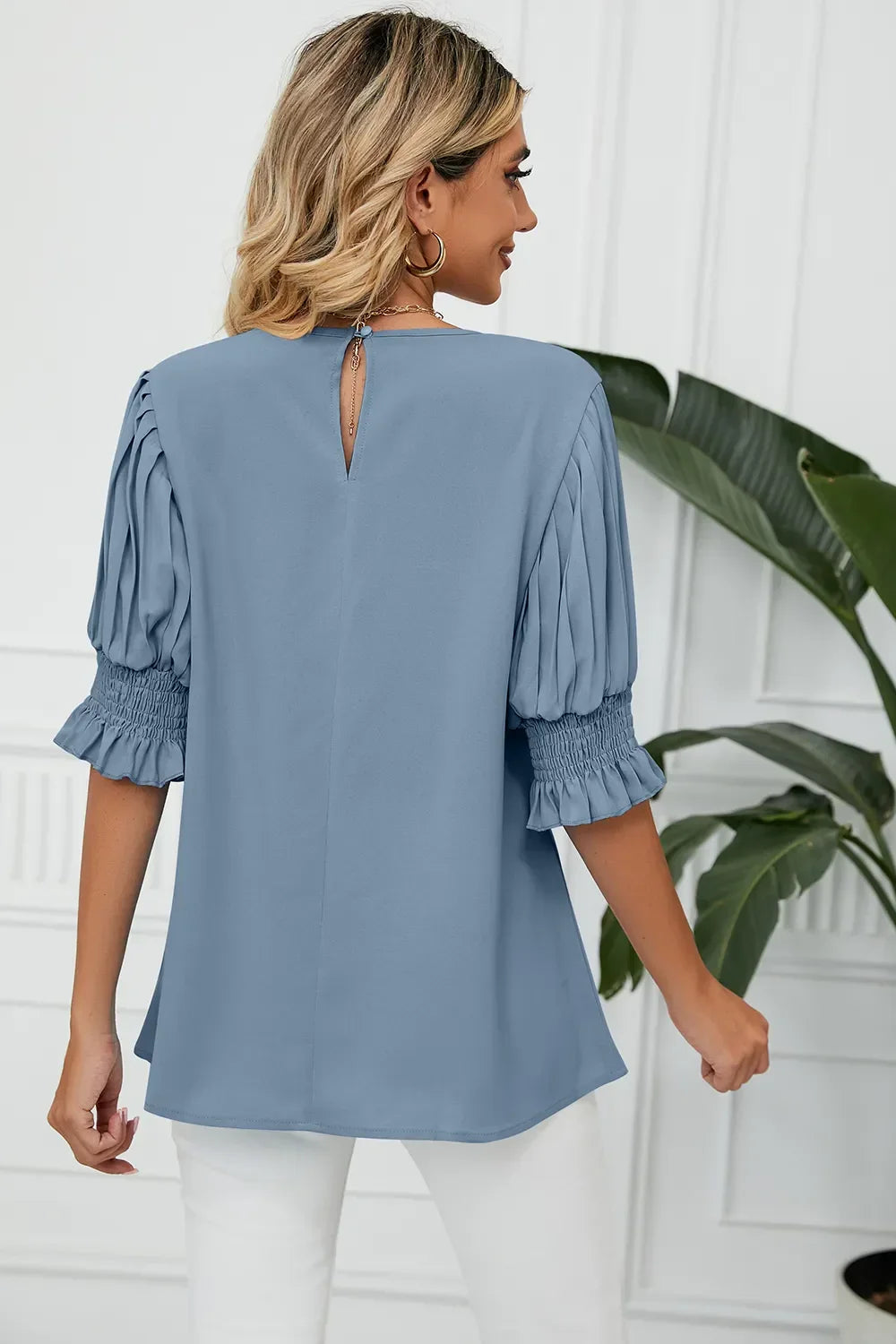 Frill Round Neck Lantern Sleeve T Shirt - Southern Shores Clothing
