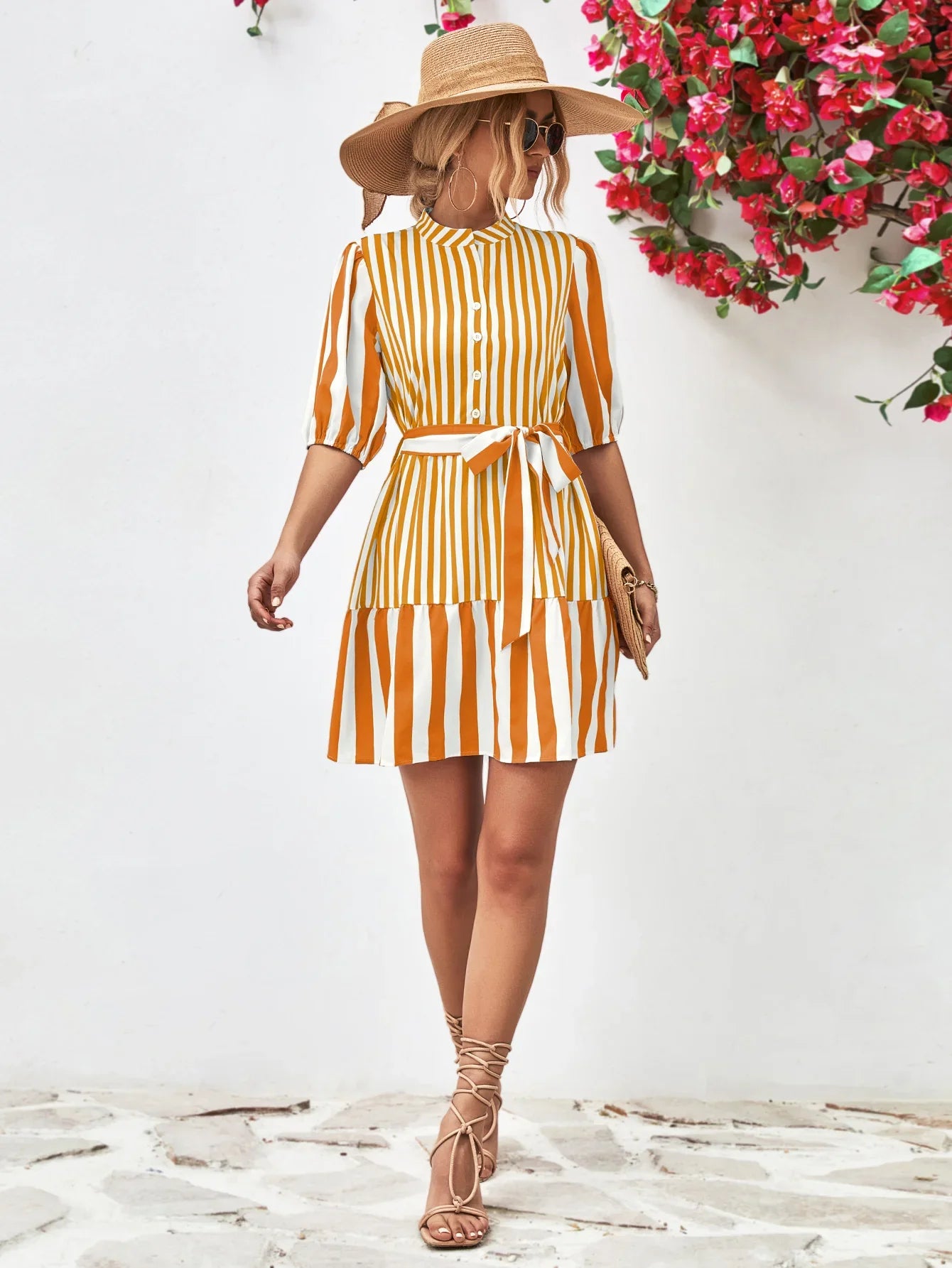 Striped Half Sleeve Tie Waist Mini Dress - Southern Shores Clothing