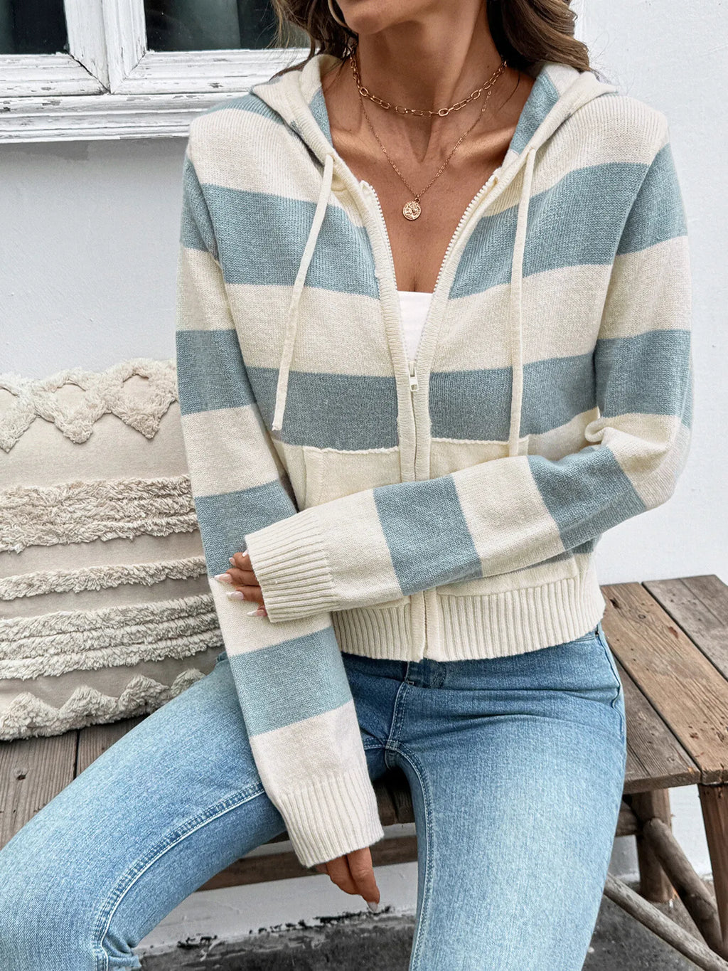 Drawstring Zip Up Striped Cardigan