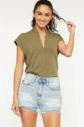High Rise Raw Hem Stretch Denim Shorts Elongated Fit - Southern Shores Clothing