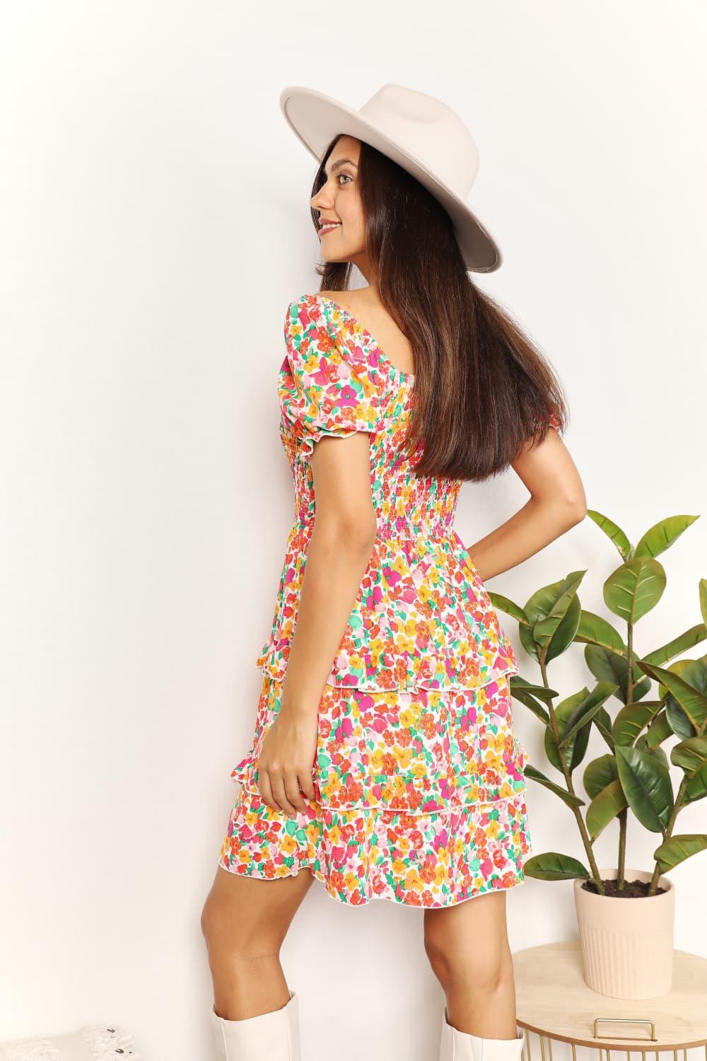 Smocked Bodice Sweetheart Neck Flounce Sleeve Mini Dress - Southern Shores Clothing