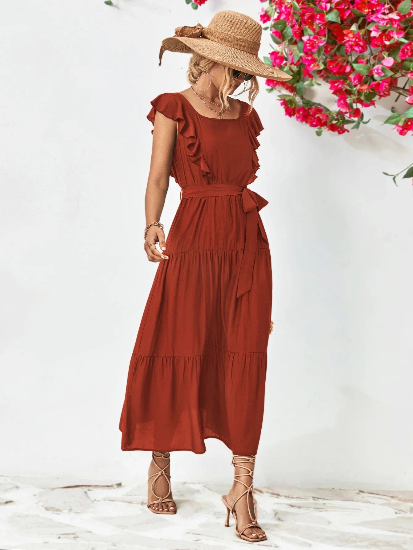 Tie Belt Ruffled Tiered Dress - Southern Shores Clothing