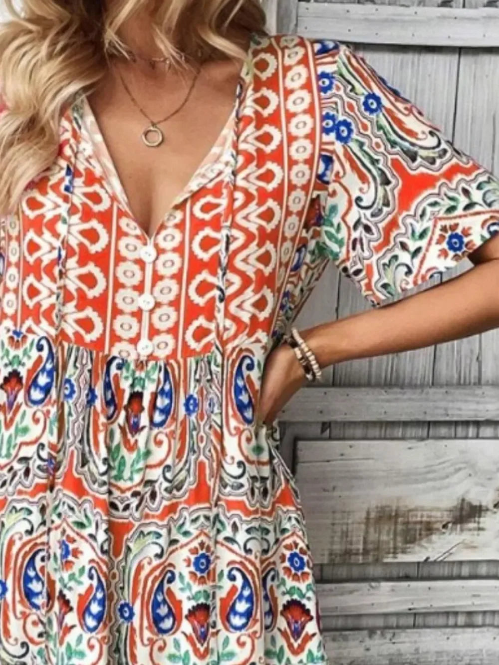 Printed Tie Neck Short Sleeve Dress With Paisley Print Pattern - Southern Shores Clothing