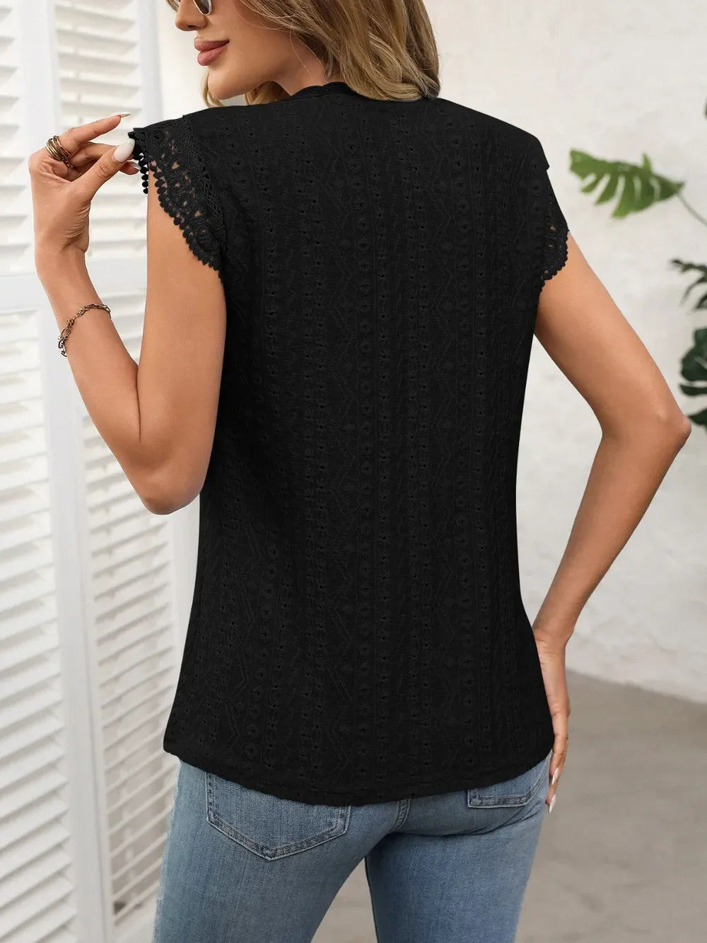 Lace Detail Eyelet Round Neck Cap Sleeve Top - Southern Shores Clothing