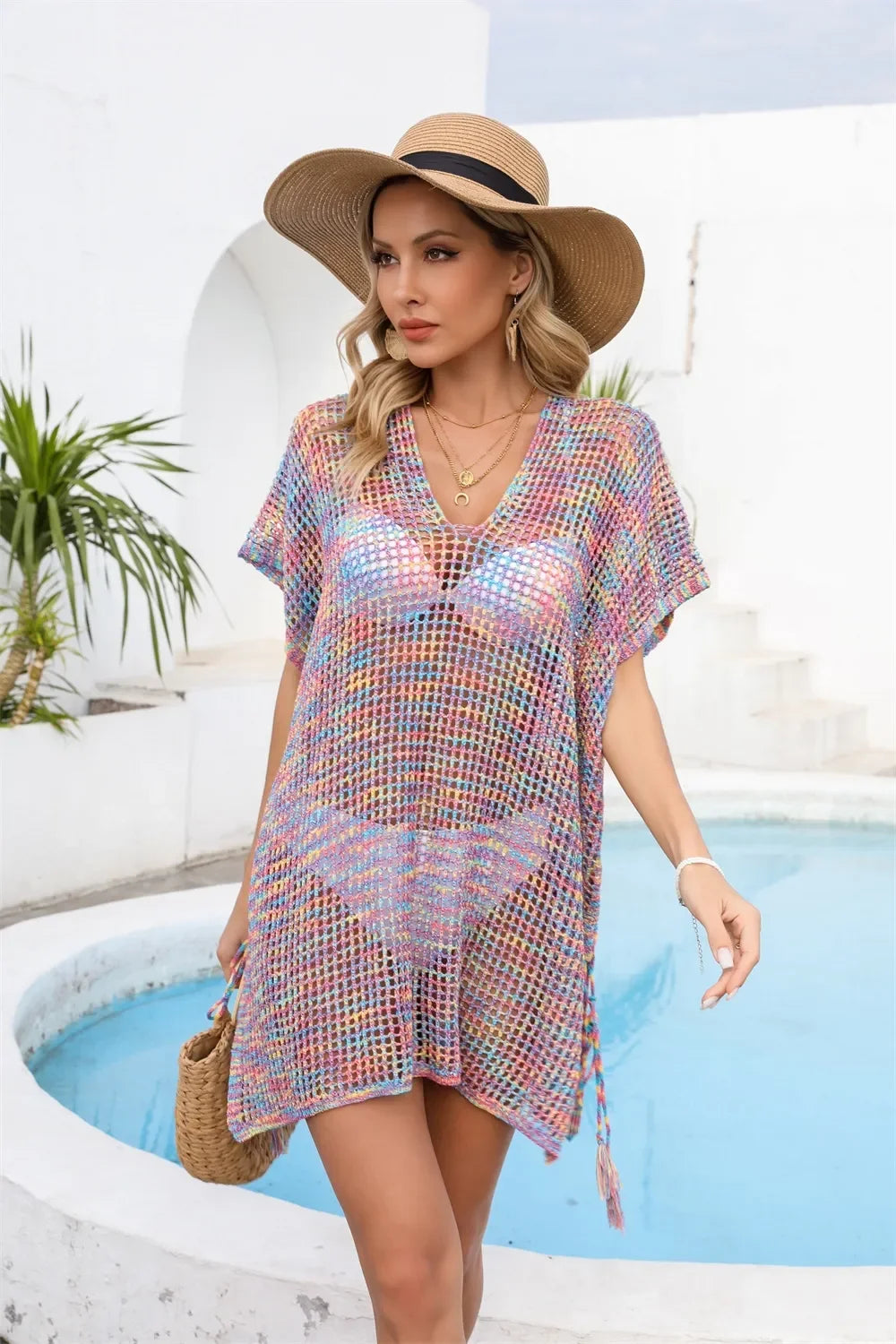Openwork Slit V Neck Beach Cover Up One Size - Southern Shores Clothing