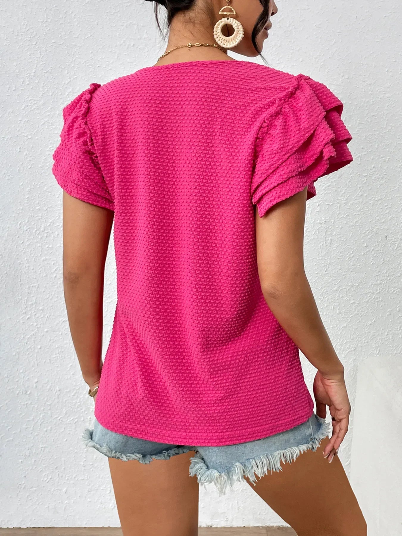 Round Neck Ruffle Sleeve Waffle Knit T Shirt - Southern Shores Clothing