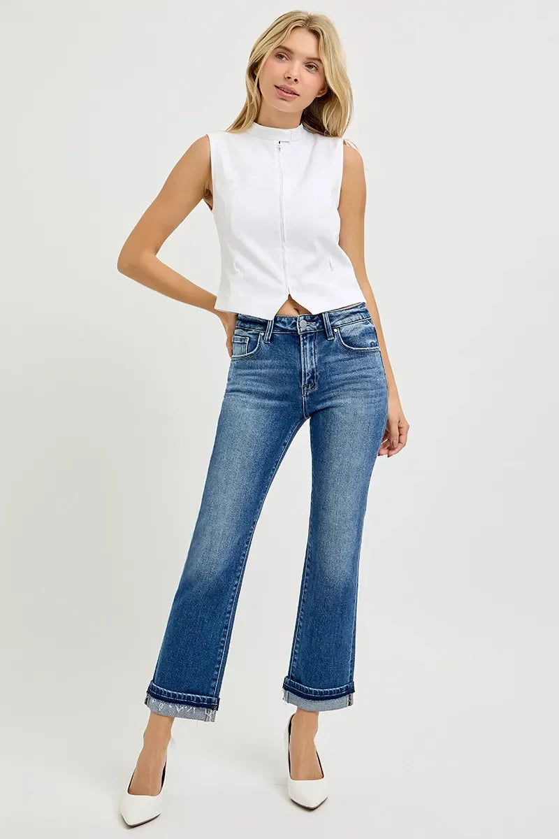 Mid Rise Straight Cuffed Ankle Jeans With Stretch Denim - Southern Shores Clothing