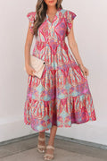 Tribal Paisley Print Ruffled Sleeve Notch Neck Midi Dress - Southern Shores Clothing