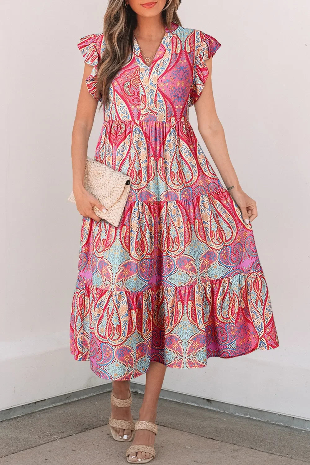 Tribal Paisley Print Ruffled Sleeve Notch Neck Midi Dress - Southern Shores Clothing