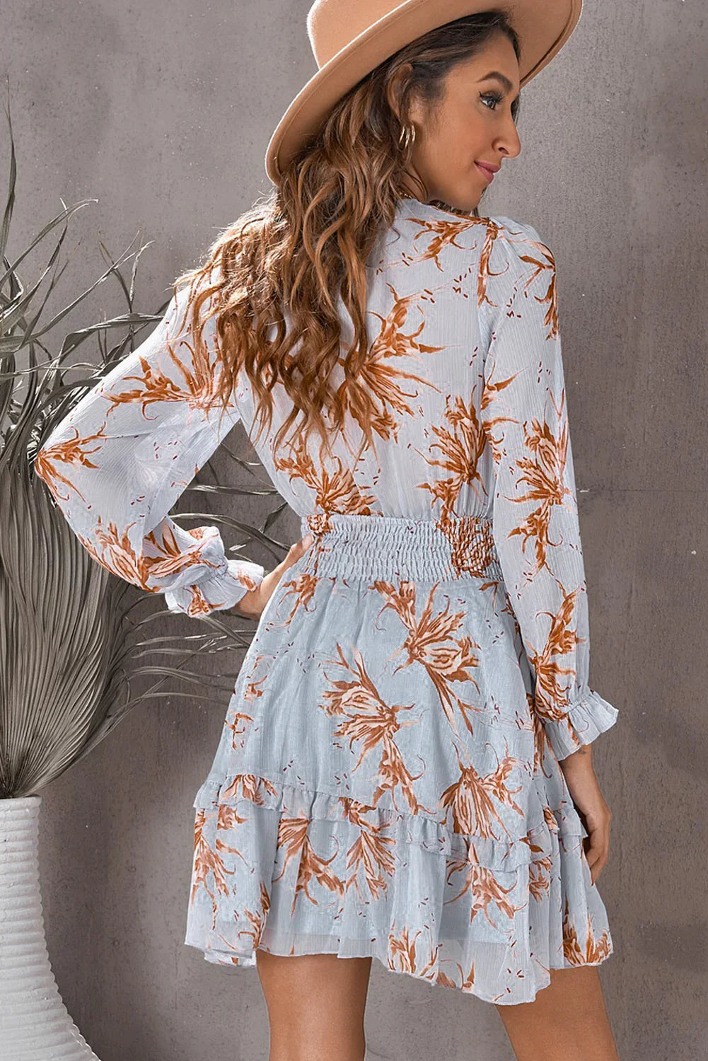 Floral Deep V Flounce Sleeve Mini Dress - Southern Shores Clothing