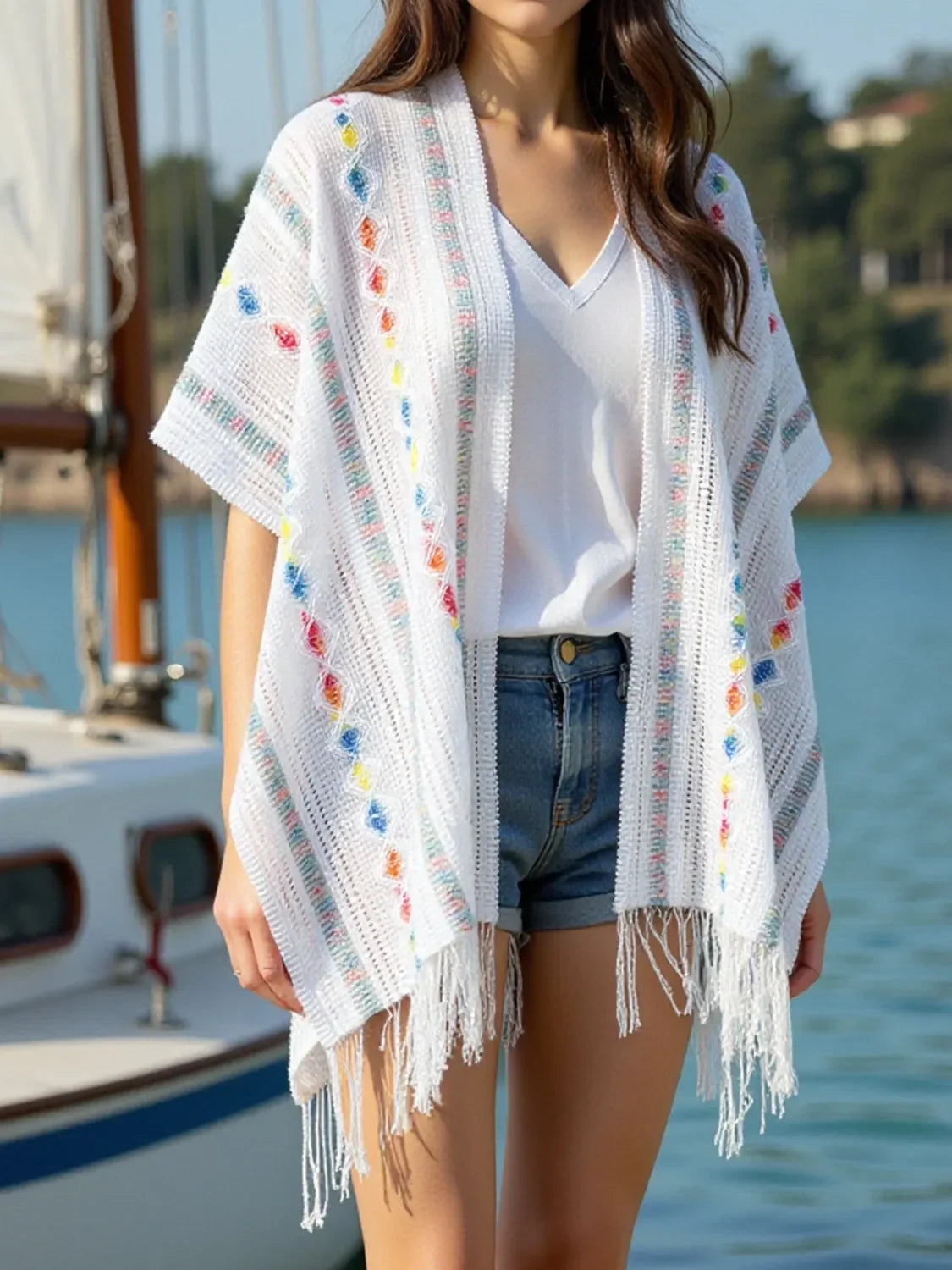Openwork Fringe Knit Cape With Open Front For Casual Layering - Southern Shores Clothing