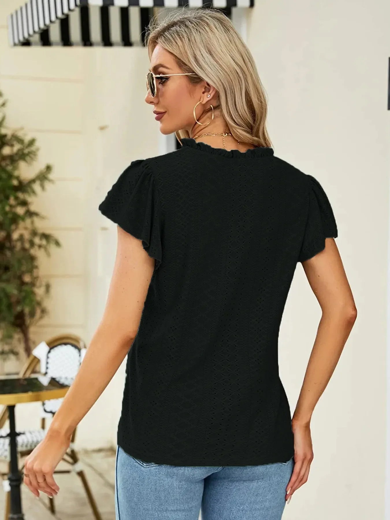 Eyelet Notched Short Sleeve T Shirt With Frills Stretchy - Southern Shores Clothing