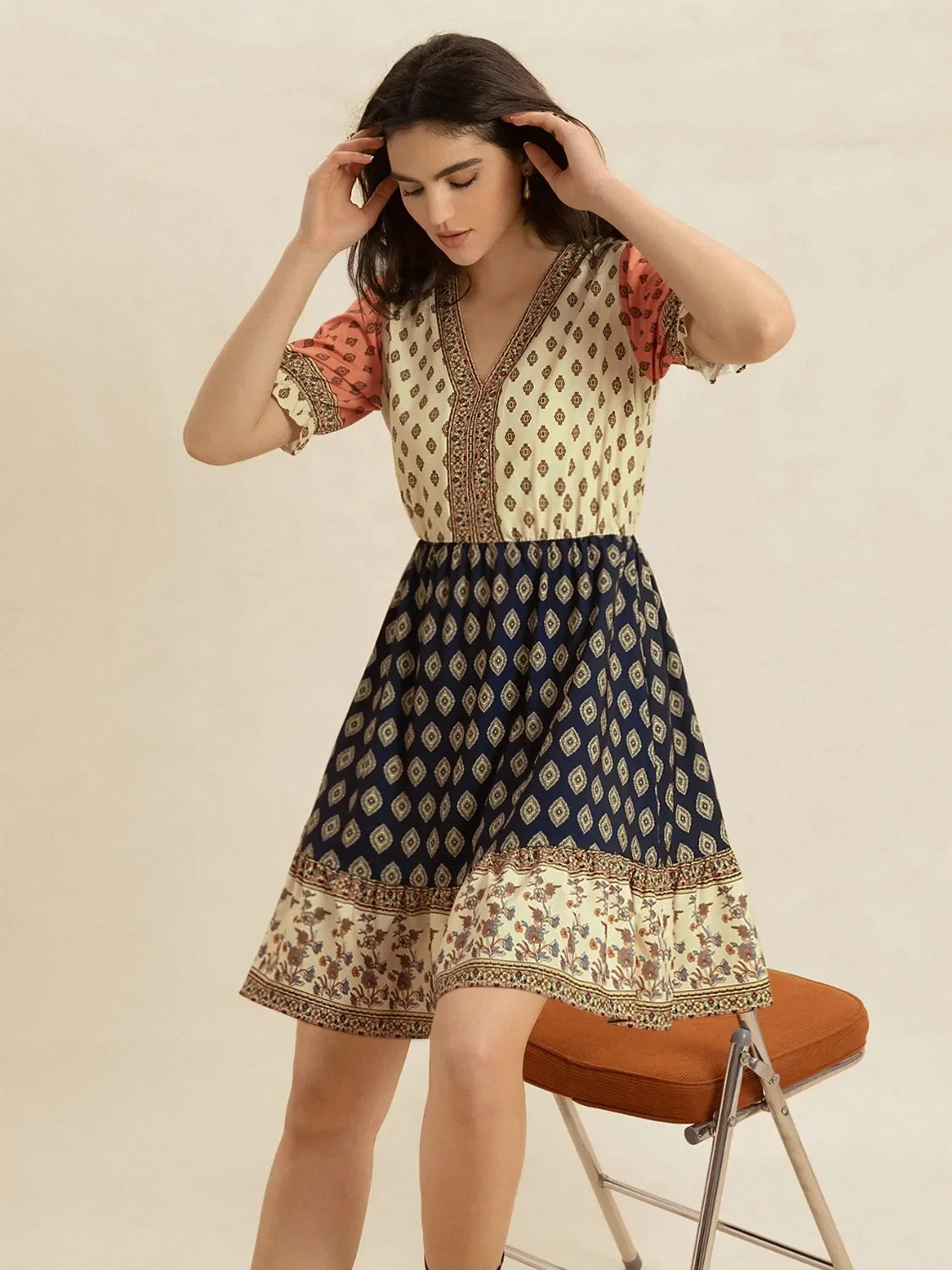 V-Neck Short Sleeve Boho Dress With Printed Paisley Pattern - Southern Shores Clothing