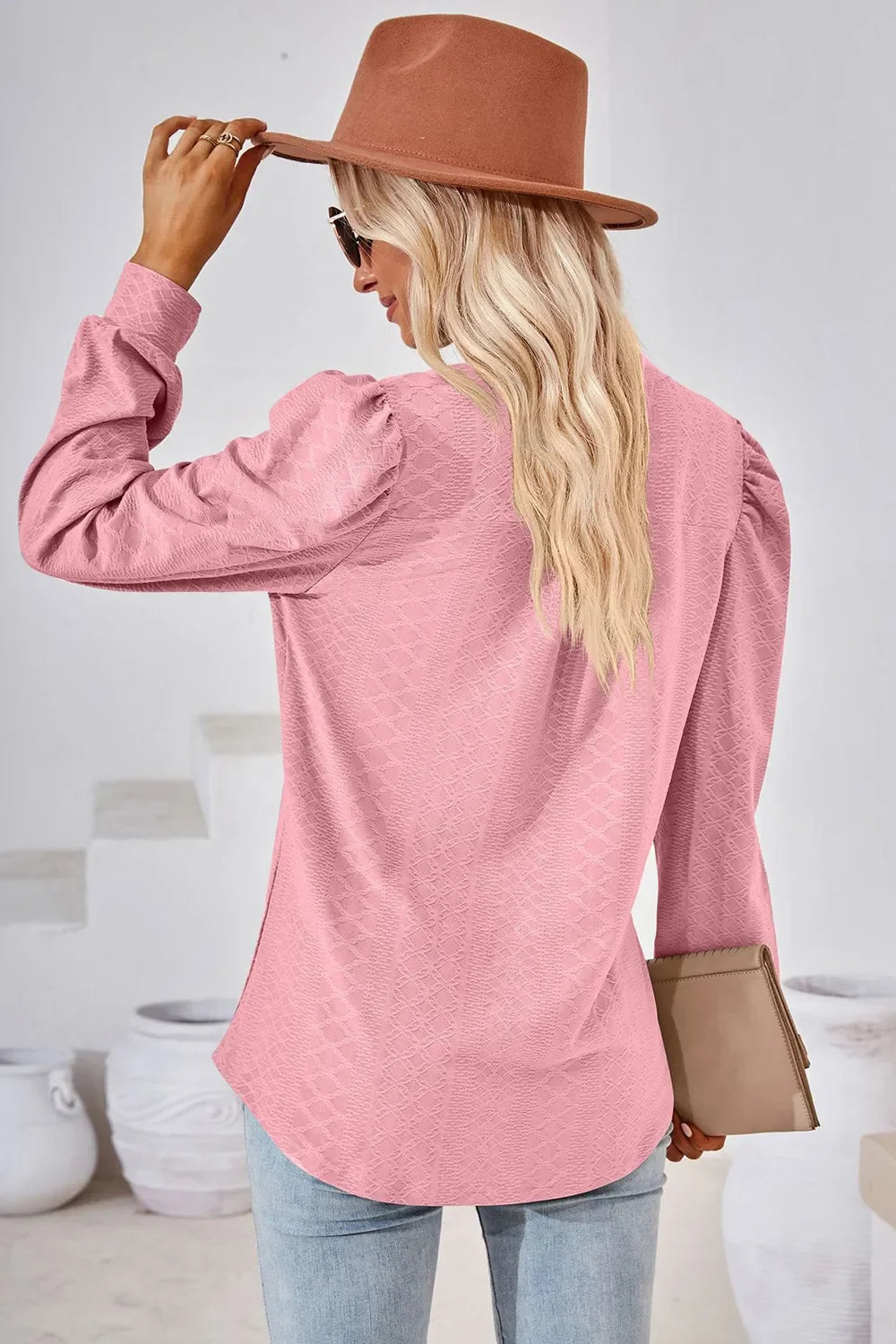 Notched Long Sleeve Top With Slightly Stretchy Fit - Southern Shores Clothing