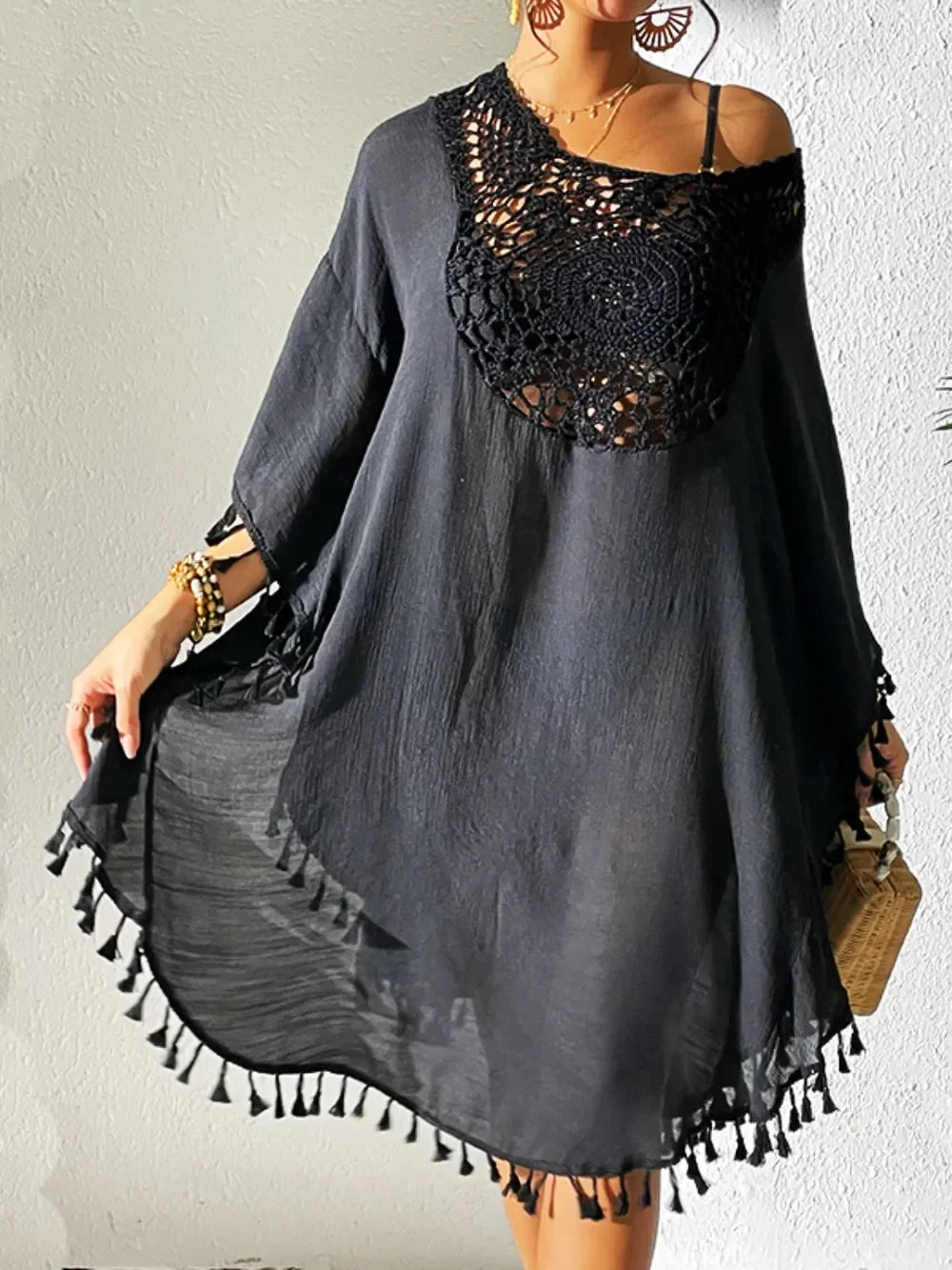 Tassel Cutout Scoop Neck Cover Up Dress One Size - Southern Shores Clothing