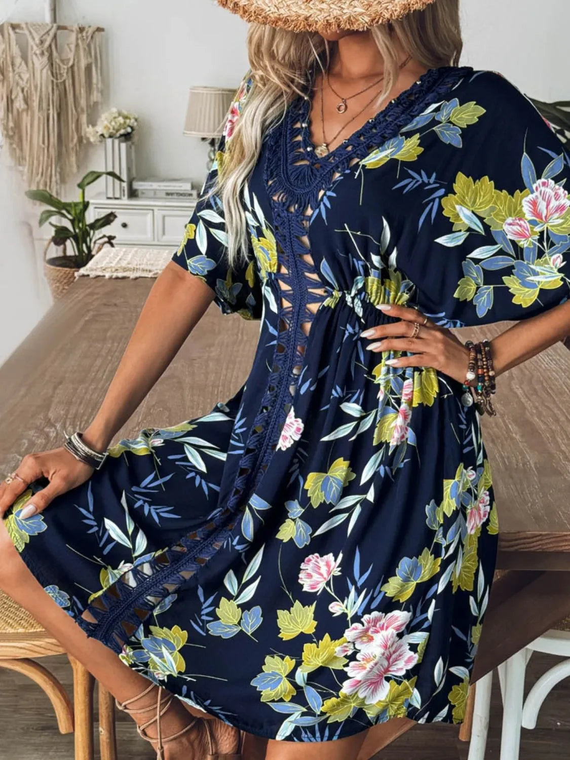 Crochet V-Neck Printed Beach Cover-Up One Size - Southern Shores Clothing
