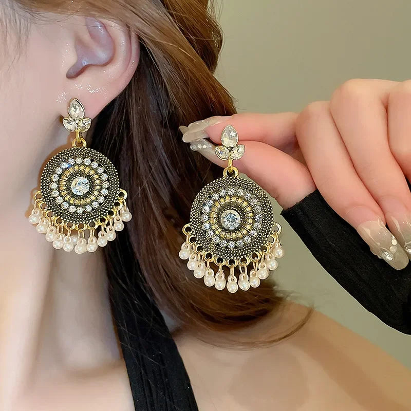 Rhinestone Alloy Bead Dangle Earrings With Pearl Drops Design - Southern Shores Clothing