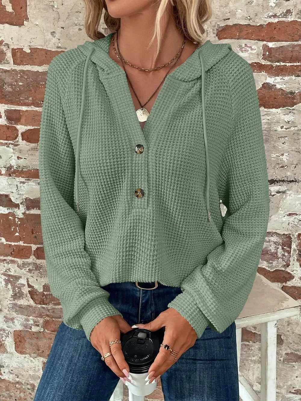 Waffle Knit Long Sleeve Drawstring Hooded Top - Southern Shores Clothing