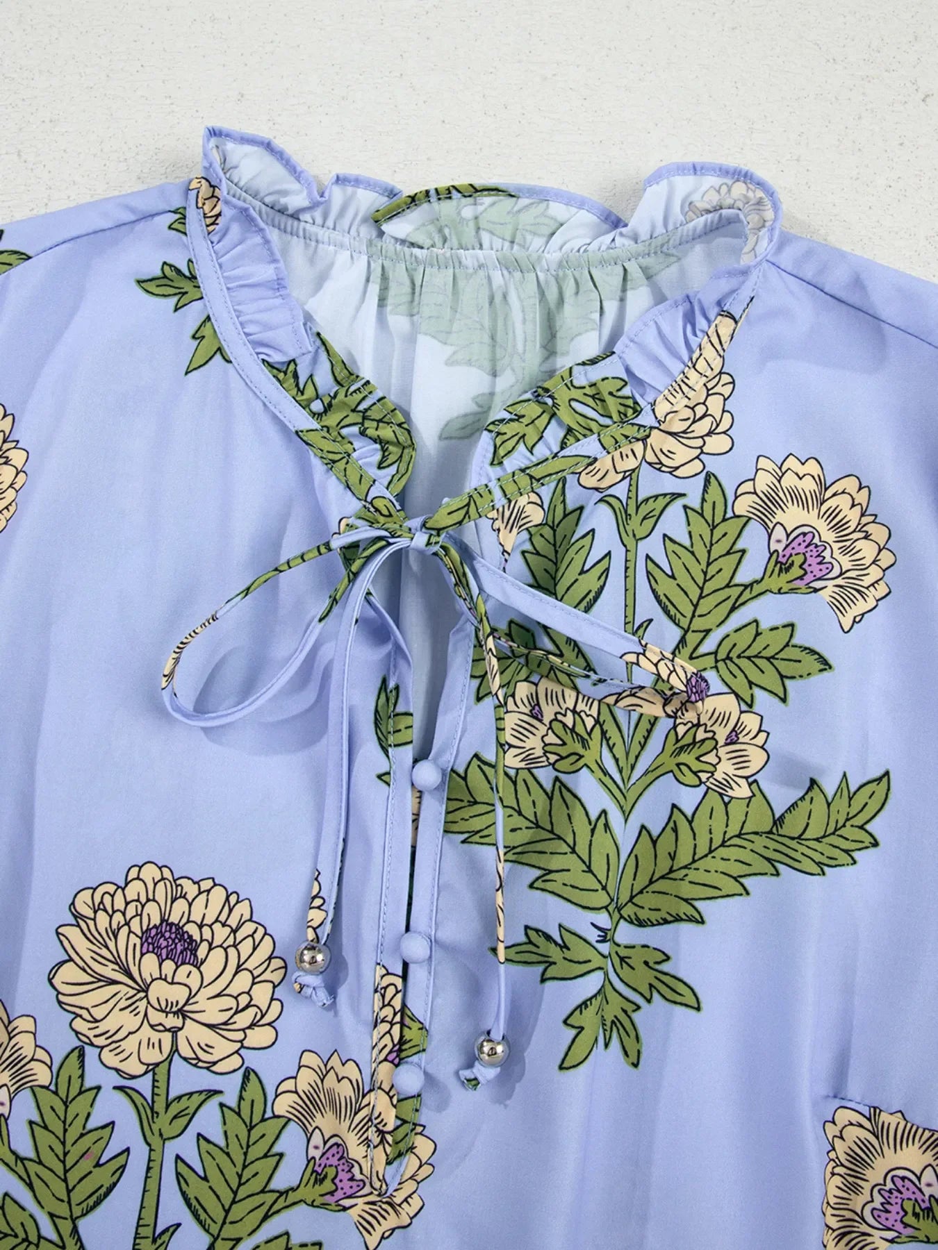 Floral Print Buttoned Long Sleeve Tie Neck Blouse - Southern Shores Clothing