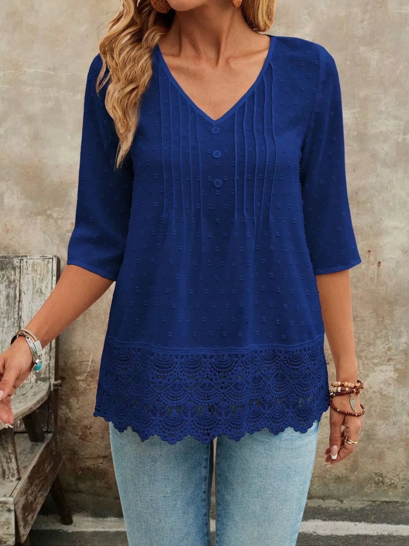 V-Neck Lace Hem Blouse With Decorative Button - Southern Shores Clothing
