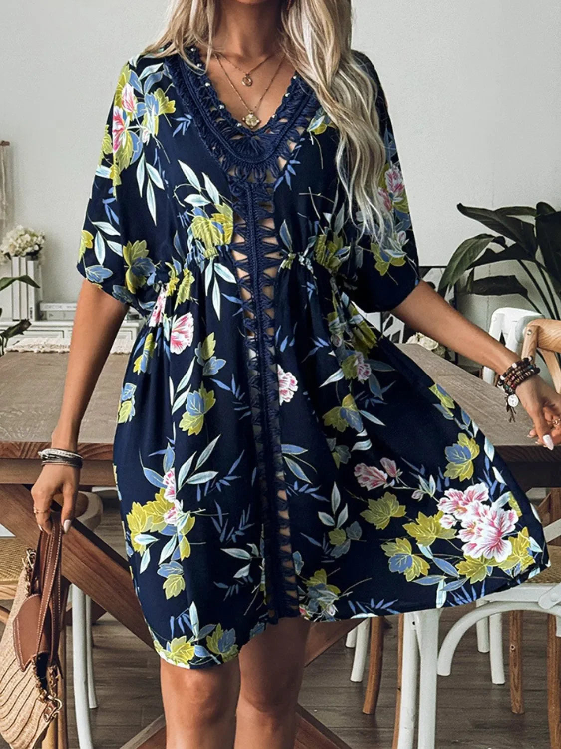 Crochet V-Neck Printed Beach Cover-Up One Size - Southern Shores Clothing