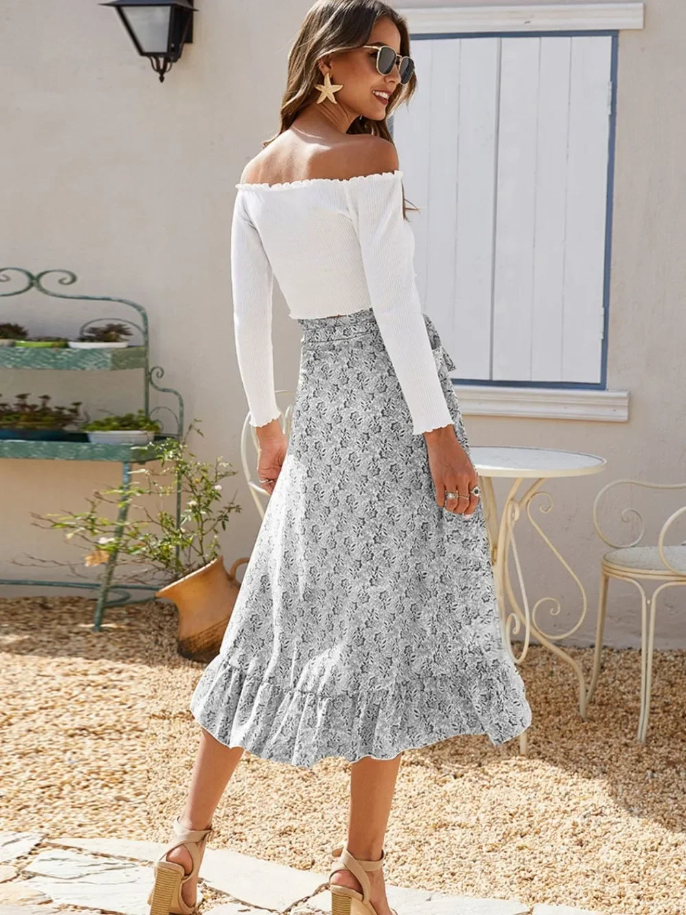Printed Ruffled Midi Skirt With Flowing Silhouette - Southern Shores Clothing