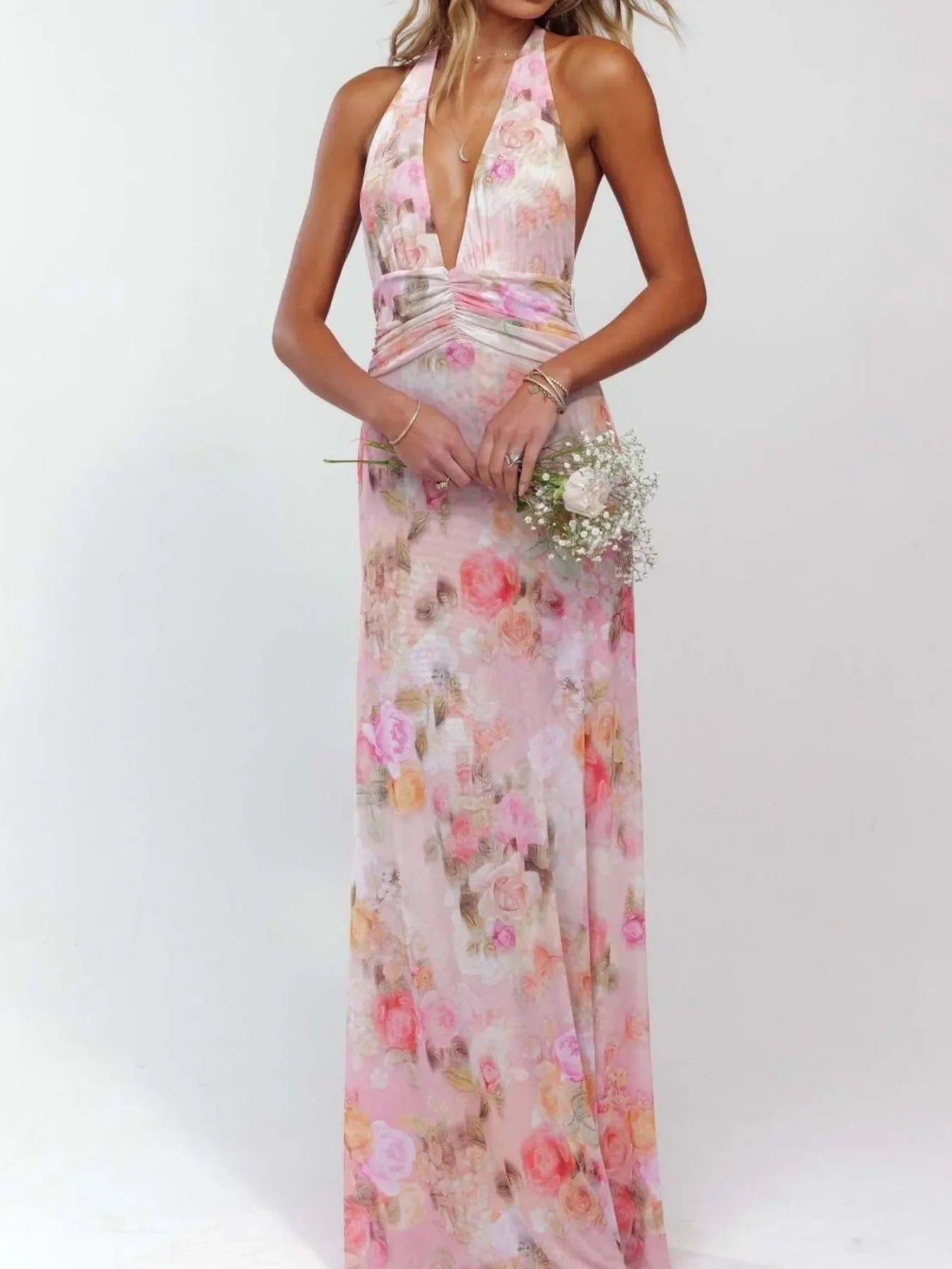 Floral Halter Neck Deep V Maxi Dress Beachwear - Southern Shores Clothing