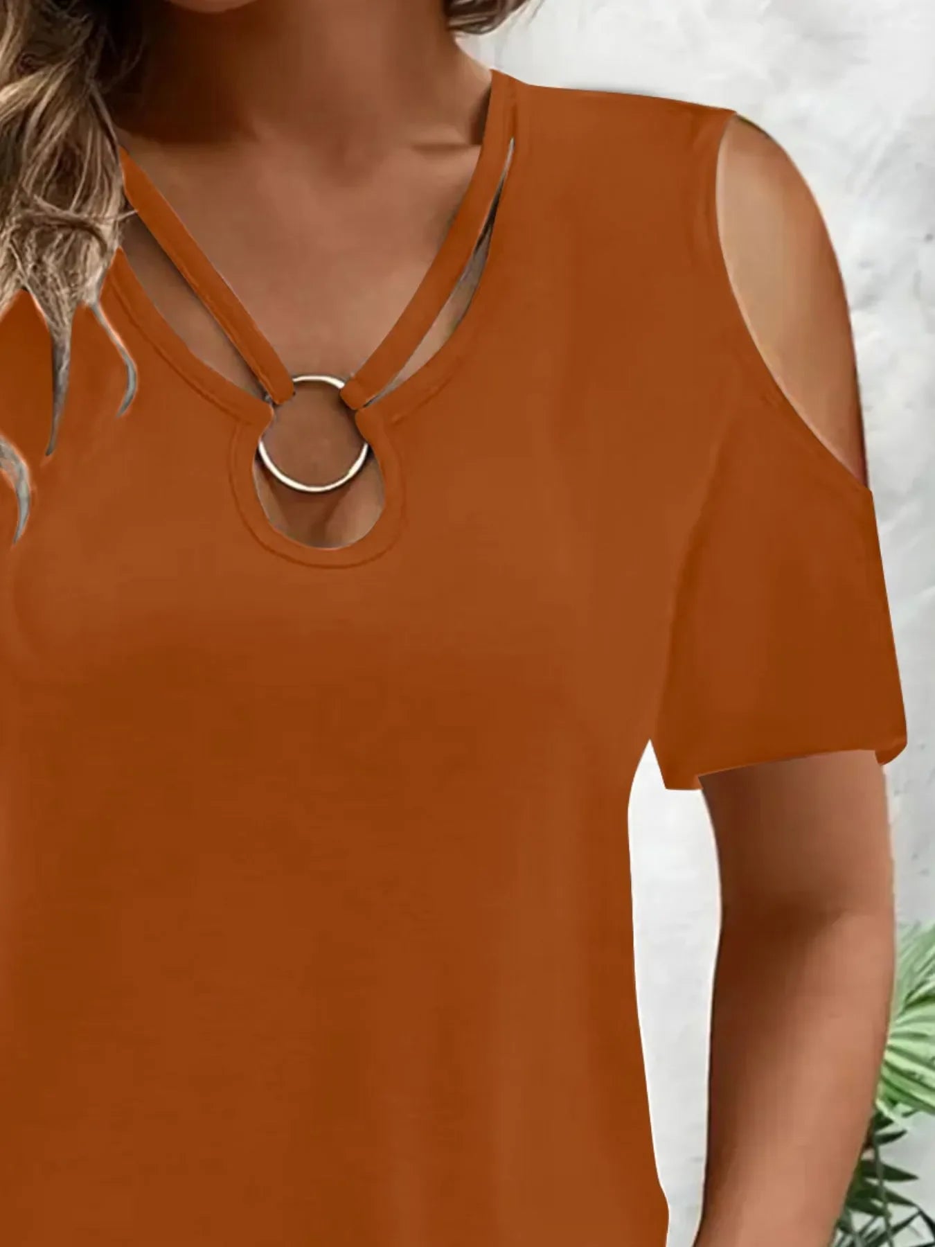 Stretch Cold Shoulder Tee With Metal Ring Detail - Southern Shores Clothing