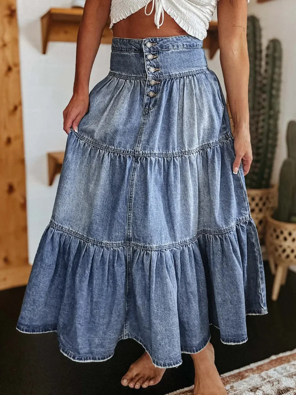 Casual Flowing Denim Tiered Button Fly Skirt - Southern Shores Clothing