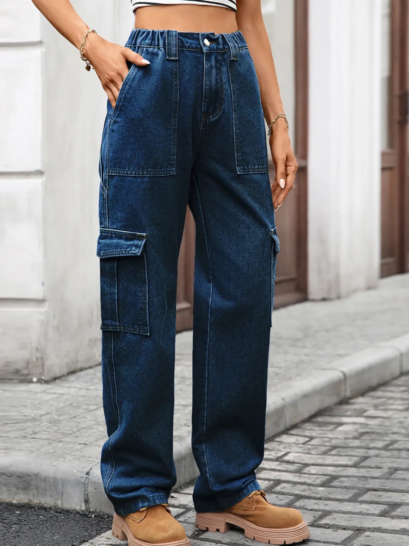 Coastal Inspired High Waisted Cargo Jeans - Southern Shores Clothing