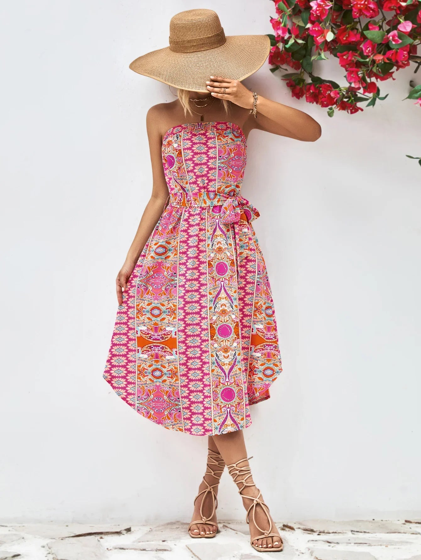 Printed Strapless Tie Belt Dress - Southern Shores Clothing