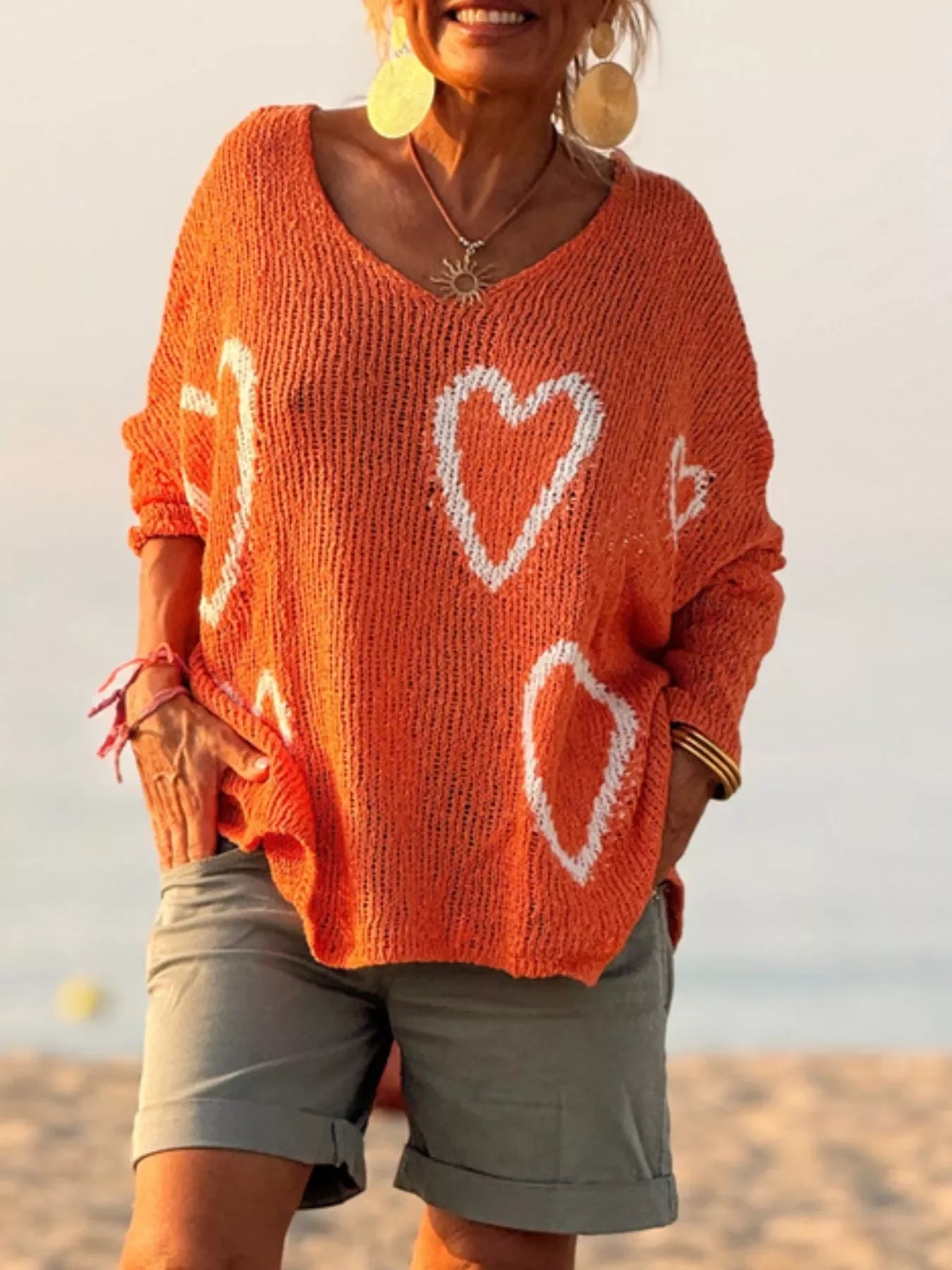 Heart V-Neck Dropped Shoulder Sweater | Southern Shores Clothing - Southern Shores Clothing