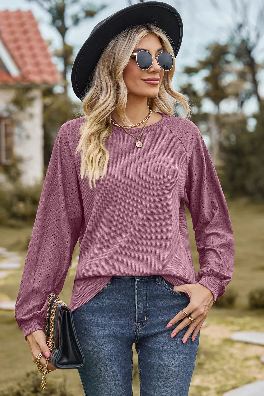 Eyelet Round Neck Long Sleeve T-Shirt - Southern Shores Clothing