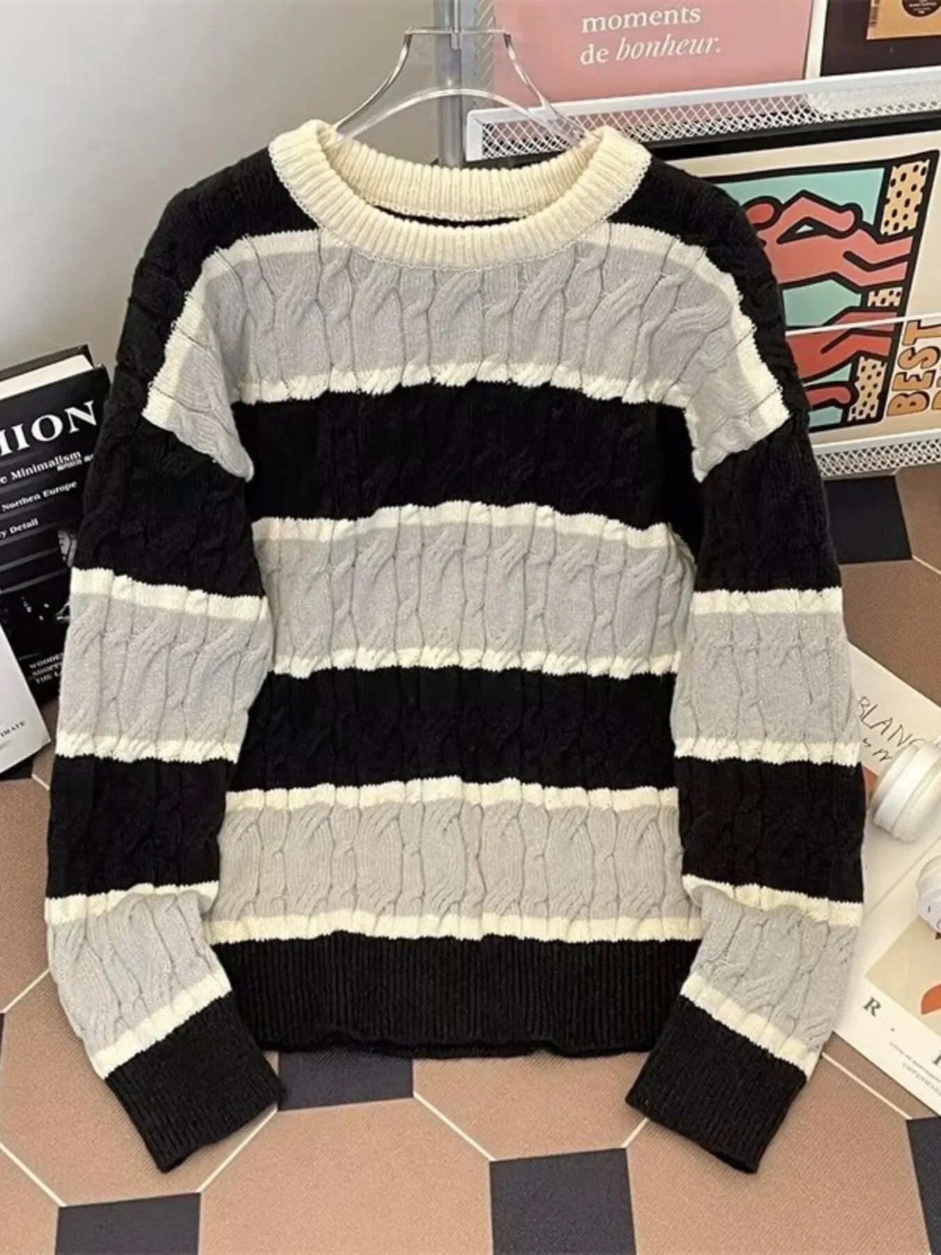 Cozy Plus Size Striped Cable Knit Sweater