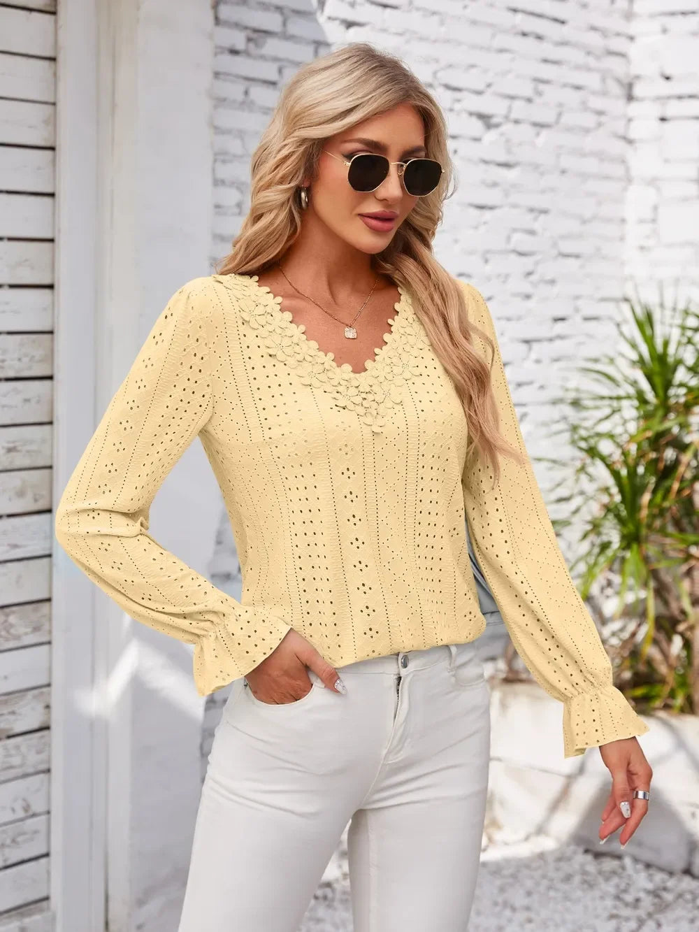 Applique V-Neck Flounce Sleeve Polyester T-Shirt - Southern Shores Clothing